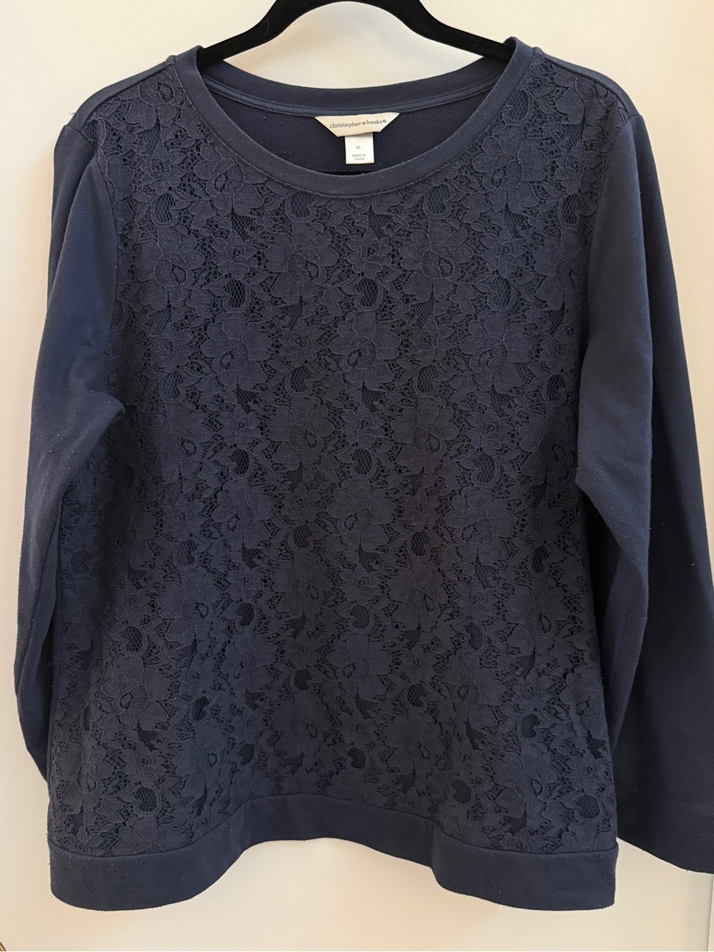 Christopher & Banks Navy Lace-Front Crewneck Sweatshirt